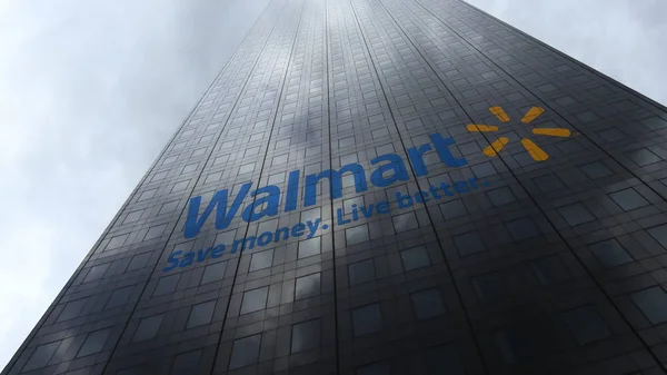 Walmart logo on a skyscraper facade reflecting clouds. Editorial 3D rendering — Stock Photo, Image