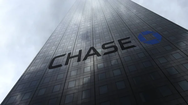 JPMorgan Chase Bank logo on a skyscraper facade reflecting clouds. Editorial 3D rendering — Stock Photo, Image