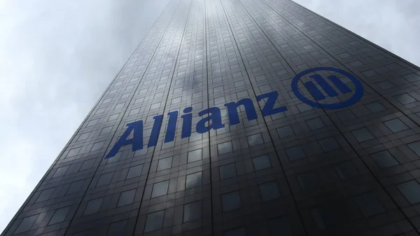 Logo Allianz na mrakodrap fasádu odrážející mraky. Úvodník 3d vykreslování — Stock fotografie