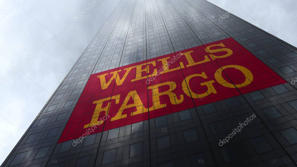 Wells Fargo logo on a skyscraper facade reflecting clouds. Editorial 3D