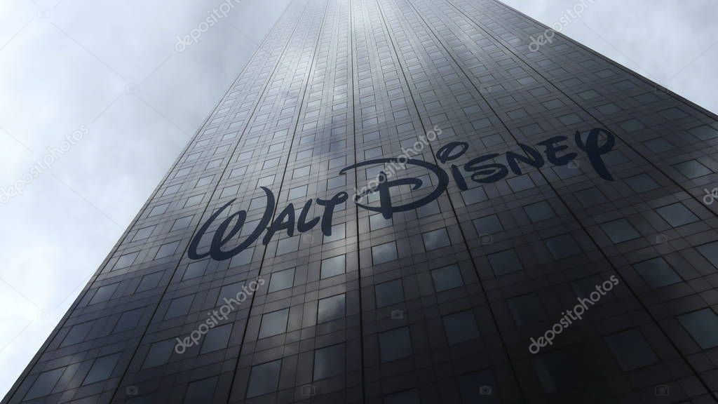 Walt Disney Pictures logo on a skyscraper facade reflecting clouds. Editorial 3D