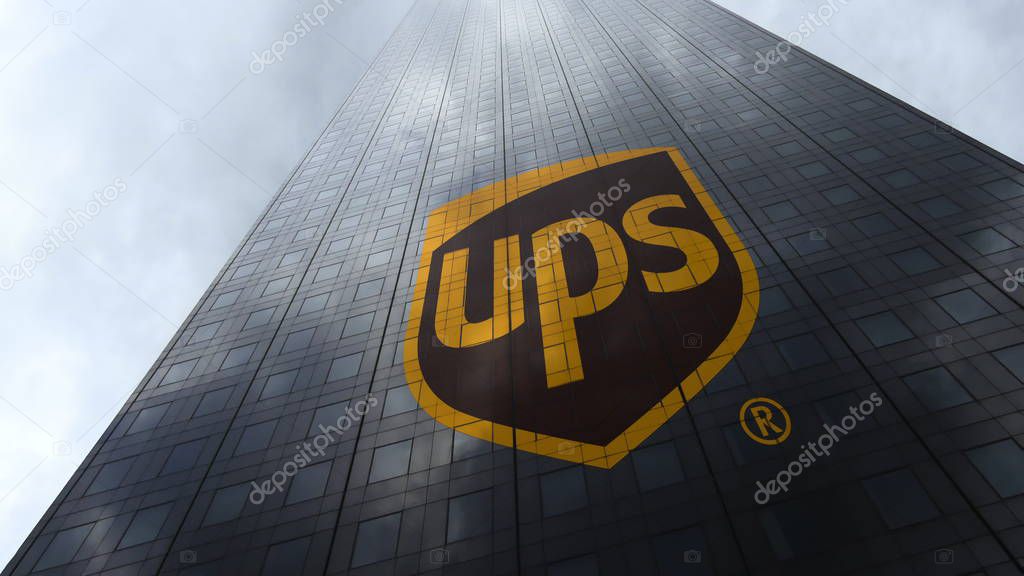 United Parcel Service UPS logo on a skyscraper facade reflecting clouds. Editorial 3D