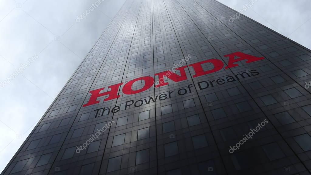 Honda logo on a skyscraper facade reflecting clouds. Editorial 3D
