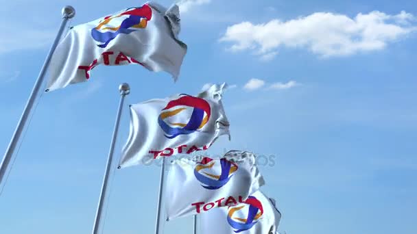 Ondeando banderas con el logotipo Total contra el cielo, lazo sin costuras. Animación editorial 4K — Vídeo de stock
