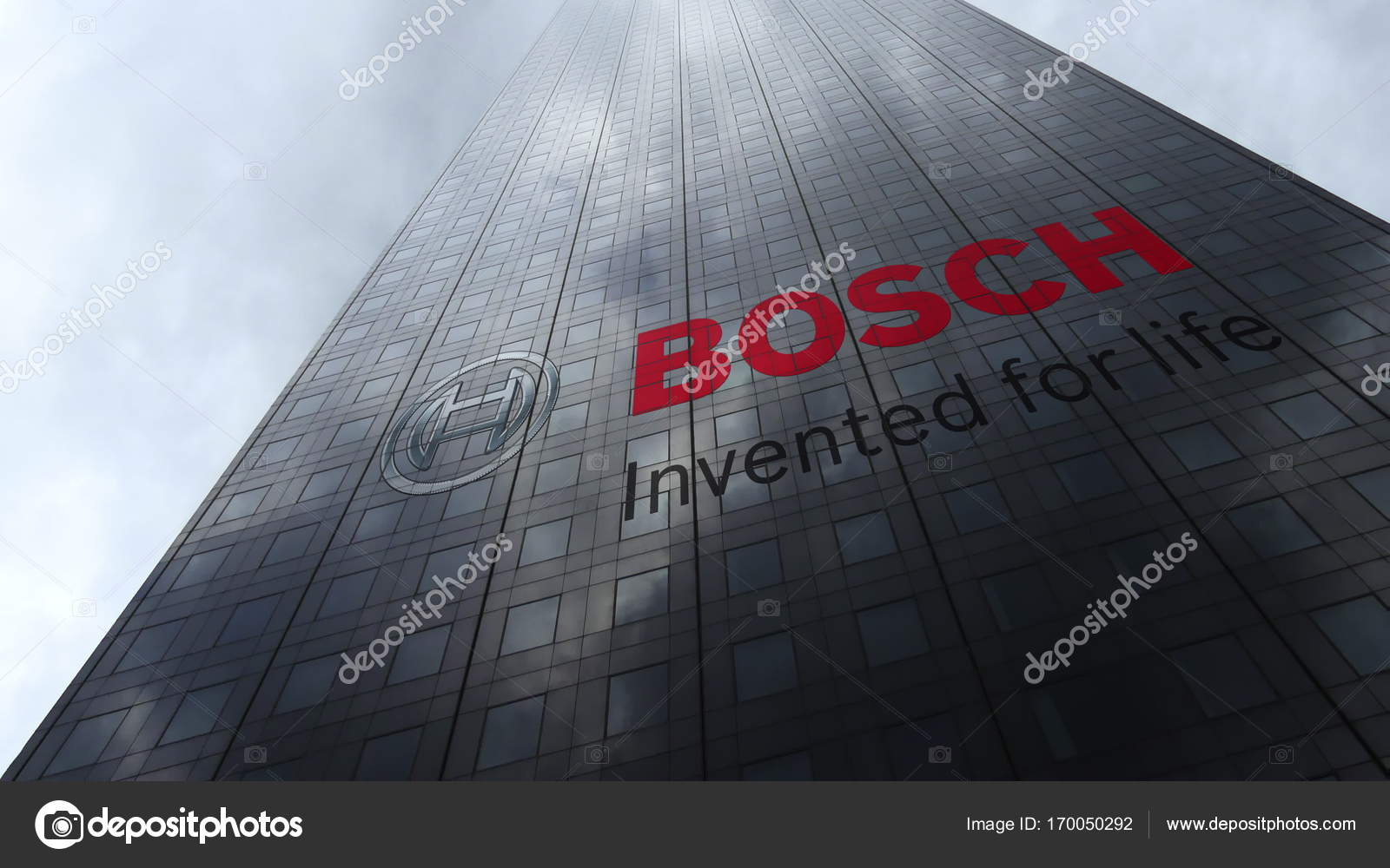 Robert Bosch Gmbh Logo On A Skyscraper Facade Reflecting Clouds