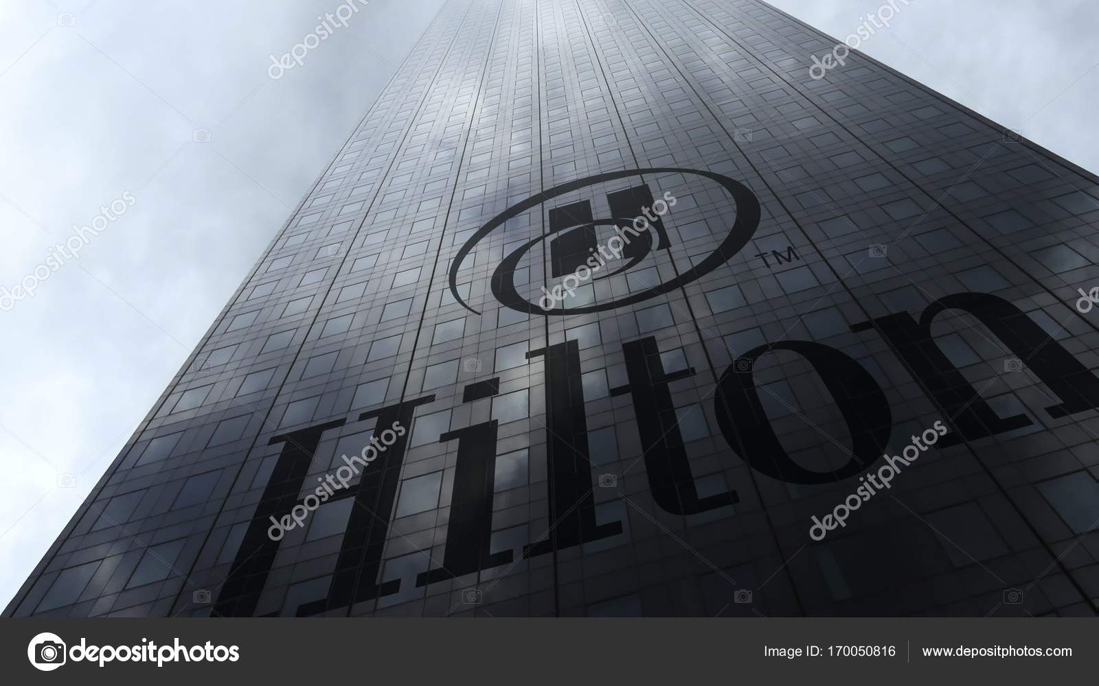 Hilton Hotels Resorts Logo On A Skyser Facade Reflecting Clouds Hilton Hotels Resorts Logo On A Skyser Facade Reflecting Clouds Editorial Rendering Stock