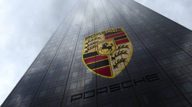 Porsche logo on a skyscraper facade reflecting clouds. Editorial 3D rendering clipart