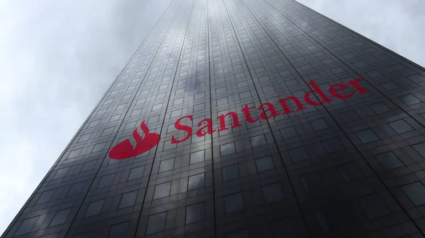 Santander Serfin logo na mrakodrap fasádu odrážející mraky. Úvodník 3d vykreslování — Stock fotografie