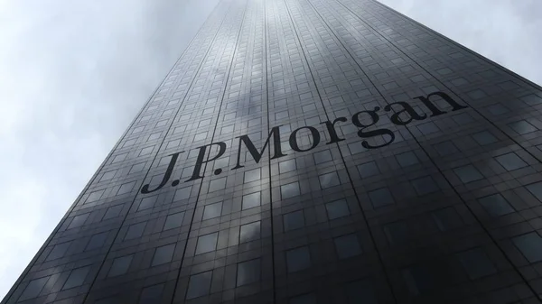 Logo de J.P. Morgan en una fachada de rascacielos reflejando nubes. Representación Editorial 3D — Foto de Stock