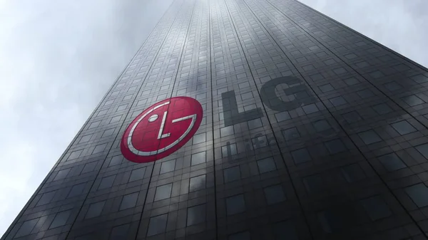 LG Corporation logo su una facciata grattacielo che riflette le nuvole. Rendering editoriale 3D — Foto Stock