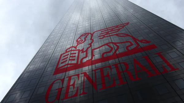 Skupina Generali logo na mrakodrap fasádu odrážející mraky. Úvodník 3d vykreslování — Stock fotografie