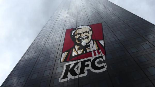 Logo Kentucky Fried Chicken KFC en una fachada de rascacielos que refleja las nubes. Representación Editorial 3D —  Fotos de Stock