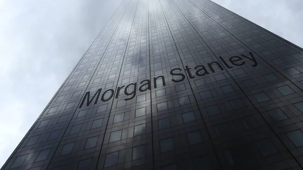 Morgan Stanley Inc. logo en una fachada de rascacielos que refleja las nubes. Representación Editorial 3D — Foto de Stock