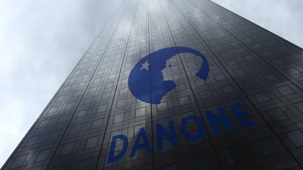 雲を反映して高層ビルのファサードにダノンのロゴ。3 d レンダリングの社説 — ストック写真
