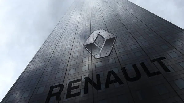 Egy felhőkarcoló homlokzati tükröző felhők Groupe Renault-logót. Szerkesztői 3d-leképezés — Stock Fotó