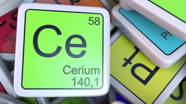 Bloque de cerio Ce en la pila de tabla periódica de los bloques de elementos químicos. Renderizado 3D — Foto de Stock