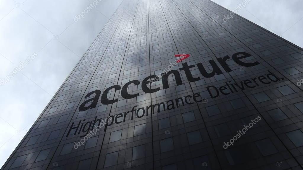 Accenture logo on a skyscraper facade reflecting clouds. Editorial 3D