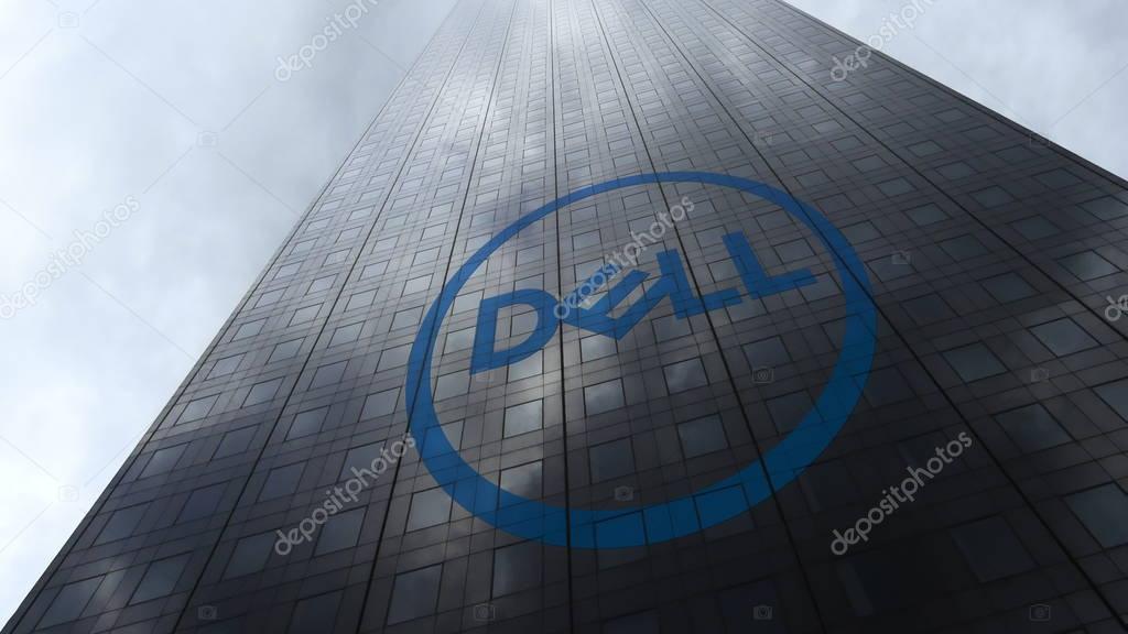Dell Inc. logo on a skyscraper facade reflecting clouds. Editorial 3D