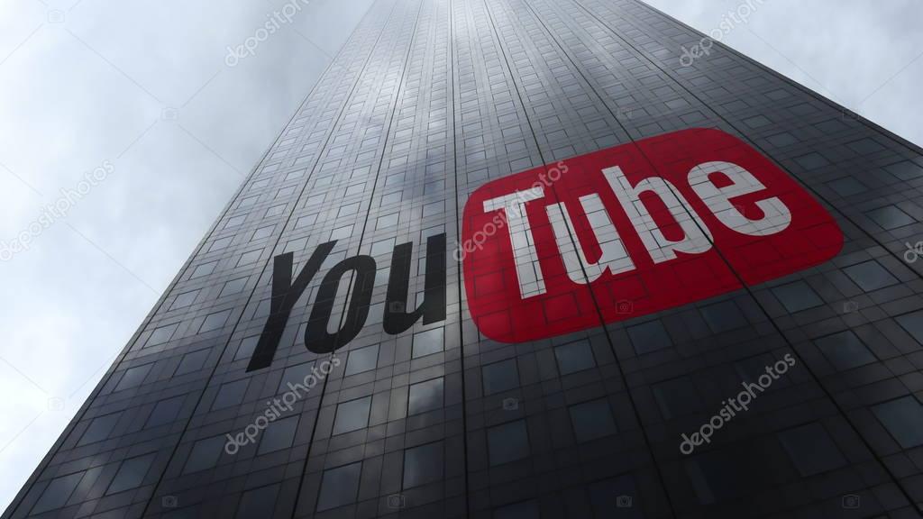 YouTube logo on a skyscraper facade reflecting clouds. Editorial 3D