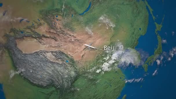 Route of commercial airplane flying from Beijing to Berlin the Earth globe. International trip intro animation — Stock Video