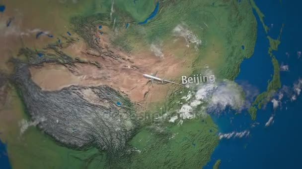 Itinerario di aereo commerciale che vola da Pechino a Parigi il globo terrestre. Viaggio internazionale intro animazione — Video Stock