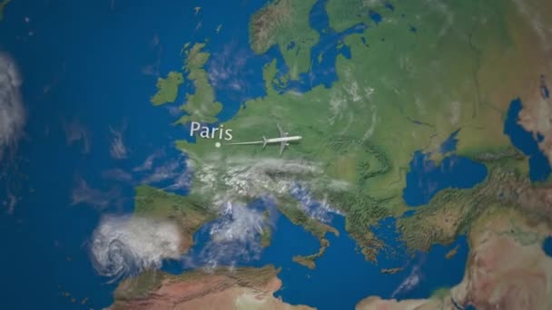 Itinerario di aereo commerciale in volo da Parigi a Pechino sul globo terrestre. Viaggio internazionale intro animazione — Video Stock