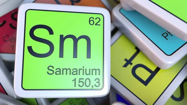 Samario Sm blocco sul mucchio di tavola periodica dei blocchi di elementi chimici. Rendering 3D — Foto Stock