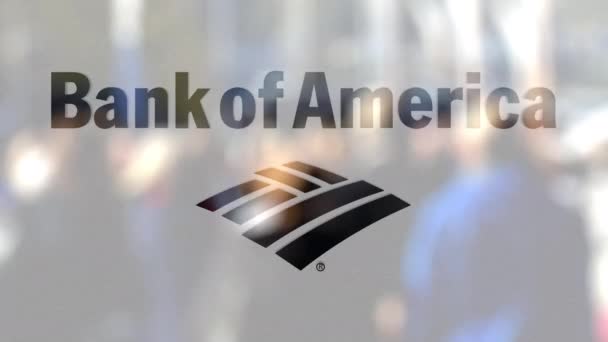 Bank of America logo na sklenici proti rozmazané dav na steet. Úvodník 3d vykreslování — Stock video