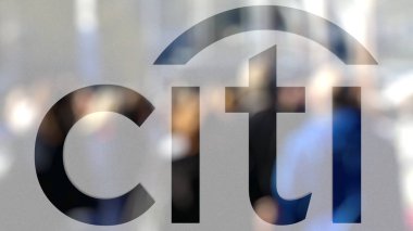 Citigroup logo on a glass against blurred crowd on the steet. Editorial 3D rendering clipart