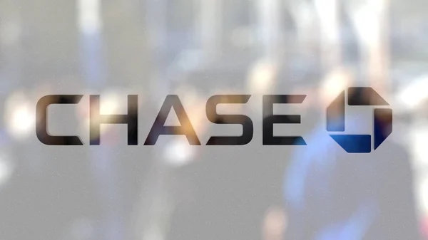 JPMorgan Chase Bank logosuna steet bulanık kalabalığa karşı bir cam. Editoryal 3d render — Stok fotoğraf