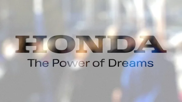 Honda logo on a glass against blurred crowd on the steet. Editorial 3D rendering — Stock Photo, Image