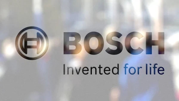 Robert Bosch Gmbh logó egy üveg szemben a steet homályos tömeg. Szerkesztői 3d-leképezés — Stock Fotó