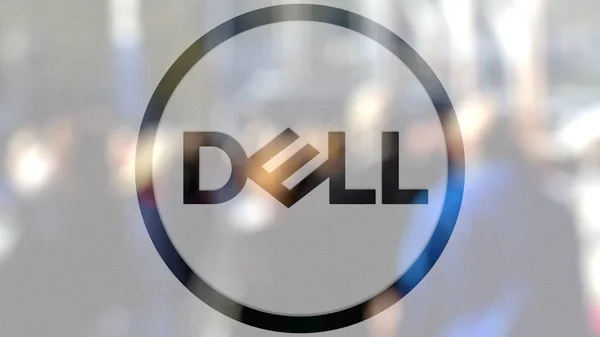 Dell incl. Logo auf einem Glas gegen verschwommene Menschenmenge auf dem Steet. redaktionelles 3D-Rendering — Stockfoto