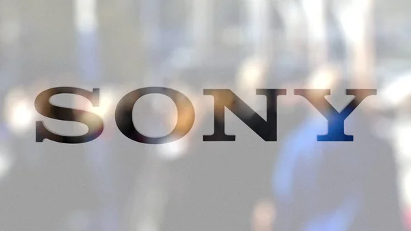 Logotipo da Sony Corporation em um copo contra a multidão turva no steet. Renderização 3D editorial — Fotografia de Stock