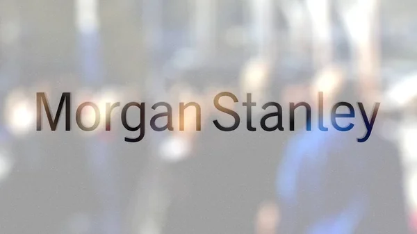 Morgan Stanley Inc logosuna steet bulanık kalabalığa karşı bir cam. Editoryal 3d render — Stok fotoğraf