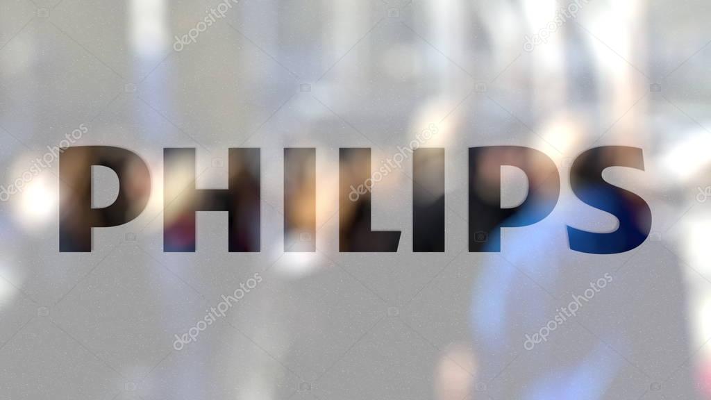 Philips logo on a glass against blurred crowd on the steet. Editorial 3D