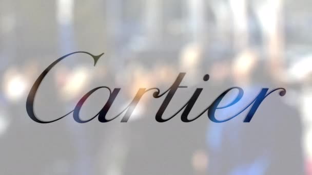 Cartier logo on a glass against blurred crowd on the steet. Editorial 3D rendering — Stock Video