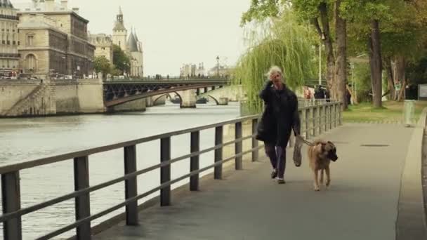 PARIS, FRANCE - OCTOBER 8, 2017. Elderly woman walking the dog along the Seine river embankment on an autumn day — Stock Video
