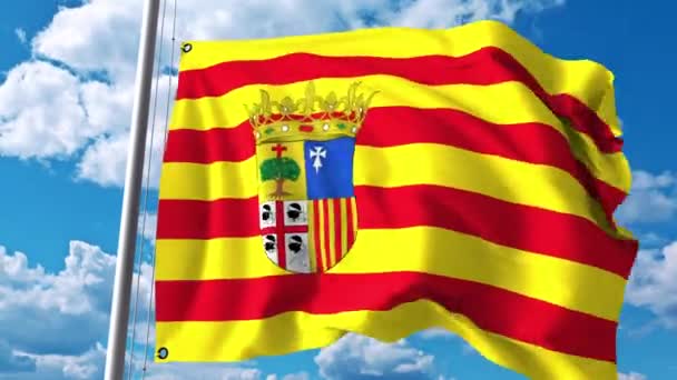 Bandera ondeante de Aragón, una comunidad autónoma en España — Vídeo de stock