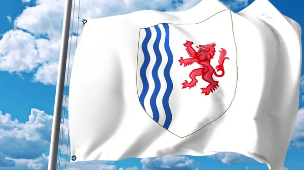 Bandeira ondulada com brasão de armas de Nouvelle-Aquitaine, uma região da França. Renderização 3D — Fotografia de Stock