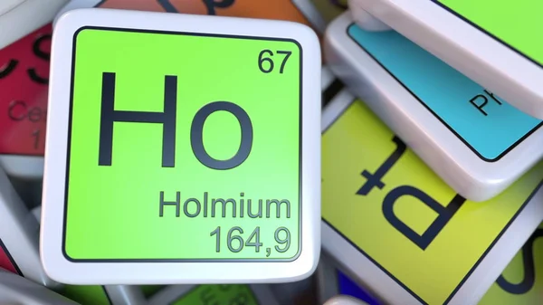 Блок Holmium Ho в груде блоков периодической таблицы химических элементов. 3D рендеринг — стоковое фото