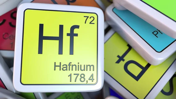 Bloque de Hafnio Hf en la pila de tabla periódica de los bloques de elementos químicos. Renderizado 3D —  Fotos de Stock