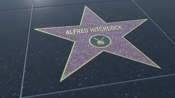 Hollywood Walk of Fame stella con iscrizione ALFRED HITCHCOCK. Rendering editoriale 3D — Foto Stock