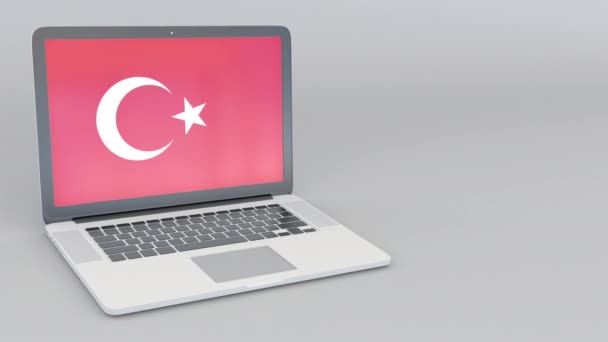 Otevírání a zavírání notebooku s vlajkou Turecka na obrazovce. Turistické služby, plánování cesty nebo kulturní studie koncepce — Stock video