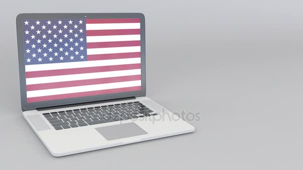 Opening and closing laptop with flag of the United States on the screen. Tourist service, travel planning or cultural study concepts — Stock Video