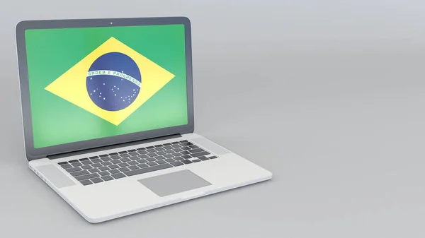 在屏幕上打开和关闭带有巴西国旗的笔记本电脑。旅游服务、旅游规划或文化研究概念3d 渲染 — 图库照片