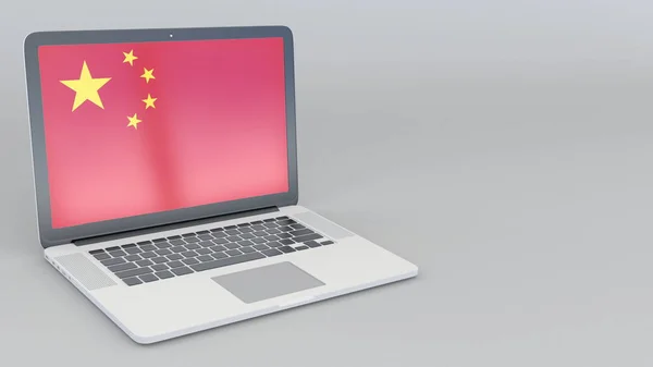 Открытие и закрытие ноутбука с флагом Китая на экране. Туристические услуги, планирование путешествий или культурные концепции 3D рендеринга — стоковое фото