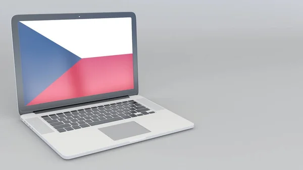 Otwieranie i zamykanie laptopa z Flaga Republiki Czeskiej na ekranie. Usługi turystyczne, planowanie podróży lub badania kulturowe koncepcje 3d renderowania — Zdjęcie stockowe