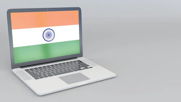 เปิดและปิดแล็ปท็อปที่มีธงของอินเดียบนหน้าจอ บริการนักท่องเที่ยว, การวางแผนการเดินทาง หรือแนวคิดการศึกษาทางวัฒนธรรม 3D — ภาพถ่ายสต็อก