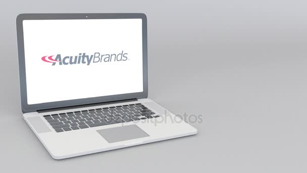 Portátil de apertura y cierre con logotipo de Acuity Brands. Animación editorial 4K — Vídeos de Stock